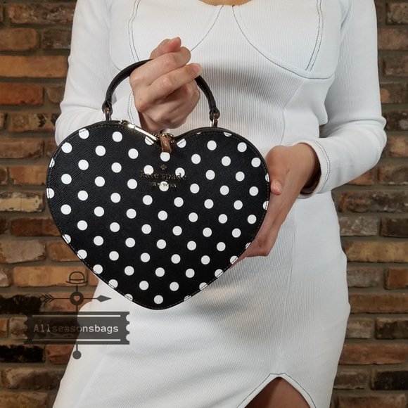 Authentic Kate Spade Heart LOVE SHACK POLKA dot crossbody BLACK WHITE NEW - Picture 6 of 13